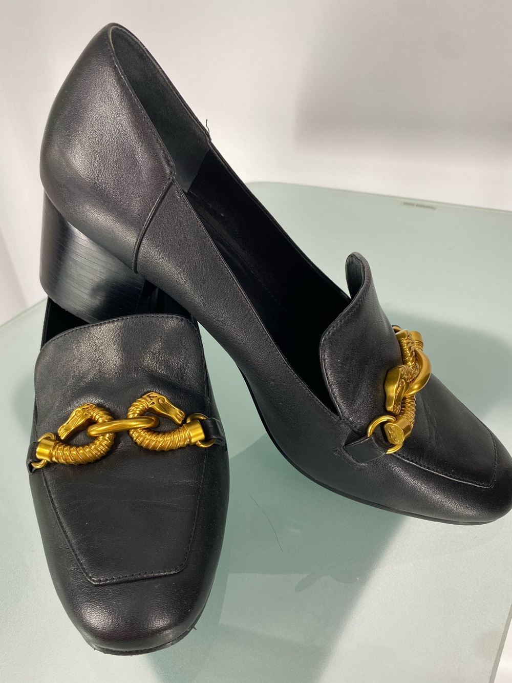Tory Burch Black Leather Block Heel Loafers Gold Horsebit Chain 8.5M